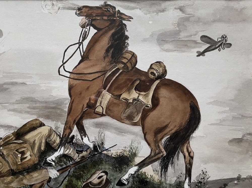 A framed 1917 watercolour painting depicting a fallen soldier beside a rearing horse on a battlefield under an aircraft-filled sky. View IV