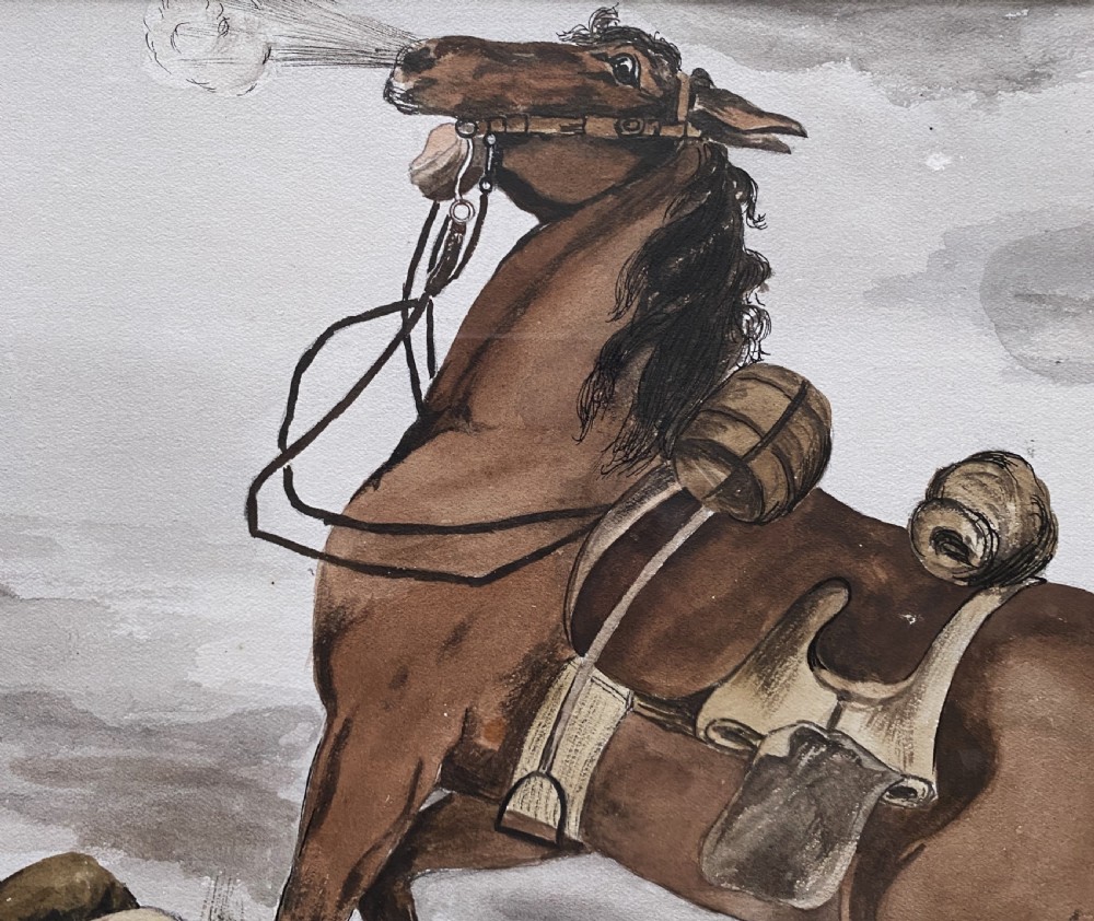 A framed 1917 watercolour painting depicting a fallen soldier beside a rearing horse on a battlefield under an aircraft-filled sky. View VI