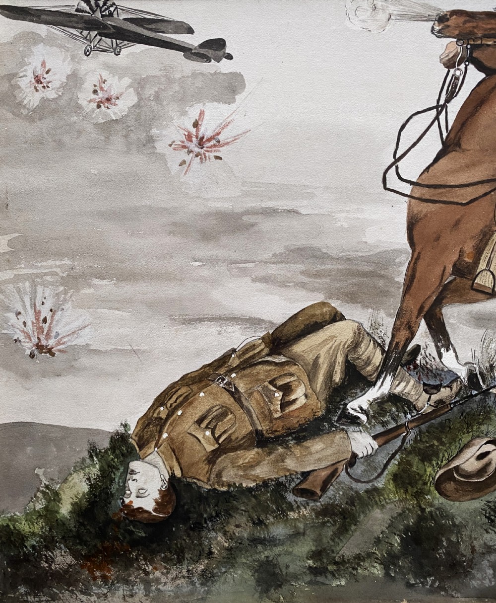 A framed 1917 watercolour painting depicting a fallen soldier beside a rearing horse on a battlefield under an aircraft-filled sky. View VII