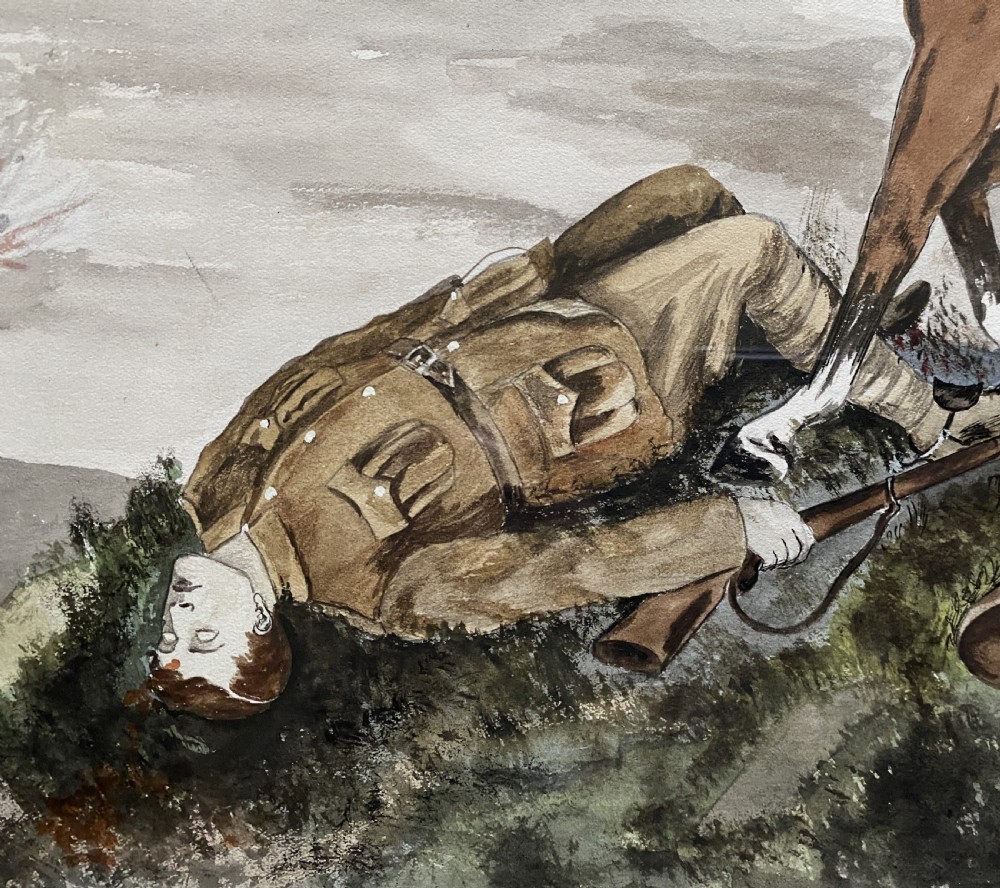 A framed 1917 watercolour painting depicting a fallen soldier beside a rearing horse on a battlefield under an aircraft-filled sky. View VIII