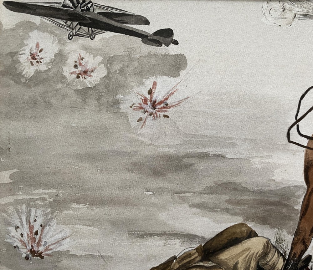 A framed 1917 watercolour painting depicting a fallen soldier beside a rearing horse on a battlefield under an aircraft-filled sky. View IX