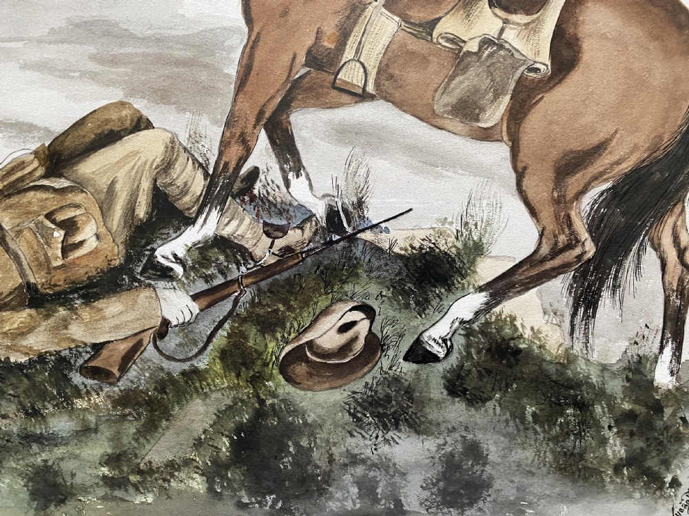 A framed 1917 watercolour painting depicting a fallen soldier beside a rearing horse on a battlefield under an aircraft-filled sky. View X