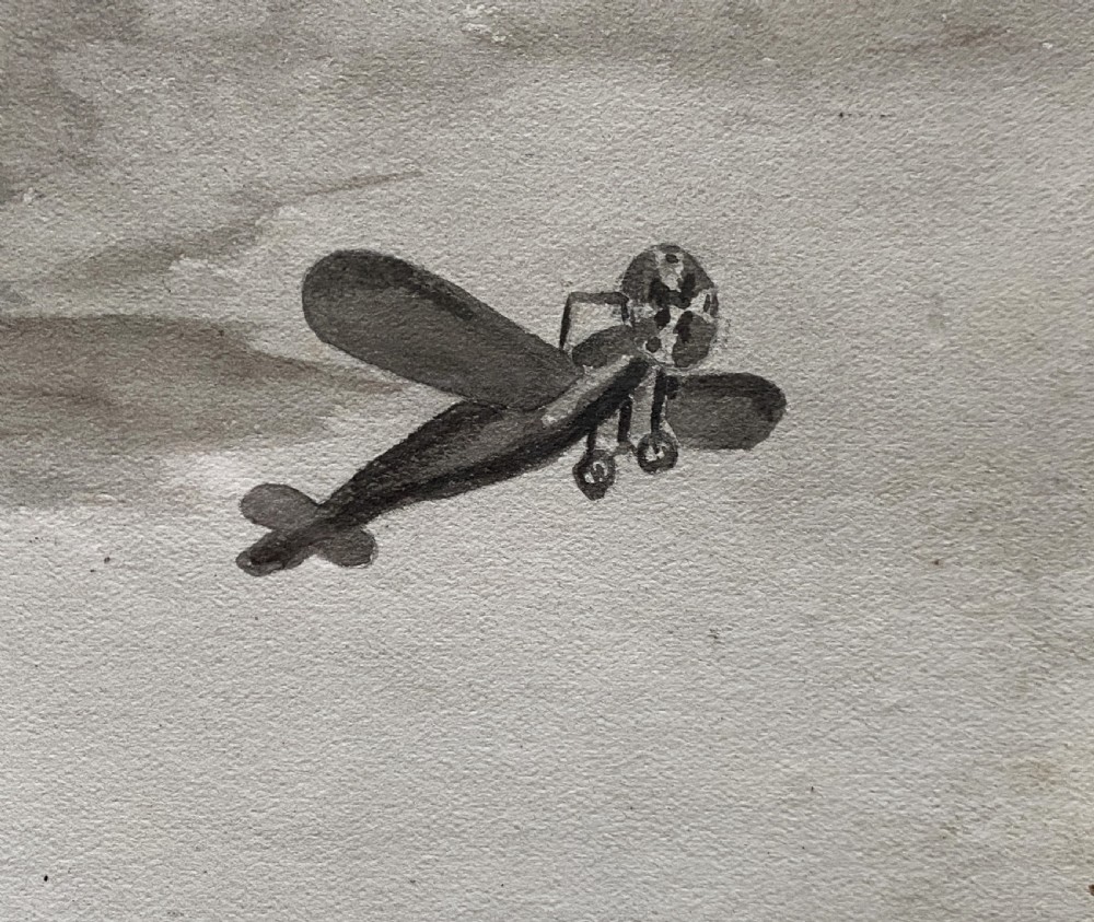 A framed 1917 watercolour painting depicting a fallen soldier beside a rearing horse on a battlefield under an aircraft-filled sky. View XI