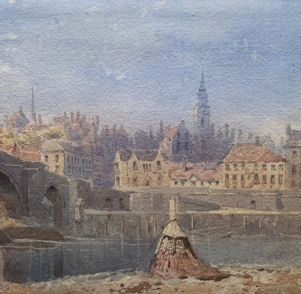 A framed 19th-century watercolour painting depicting a river and stone arch bridge in Hereford with a skyline, set within a gilded frame and cream mount. View IV