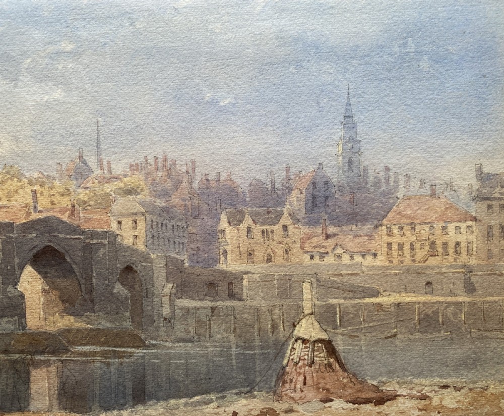 A framed 19th-century watercolour painting depicting a river and stone arch bridge in Hereford with a skyline, set within a gilded frame and cream mount. View VIII