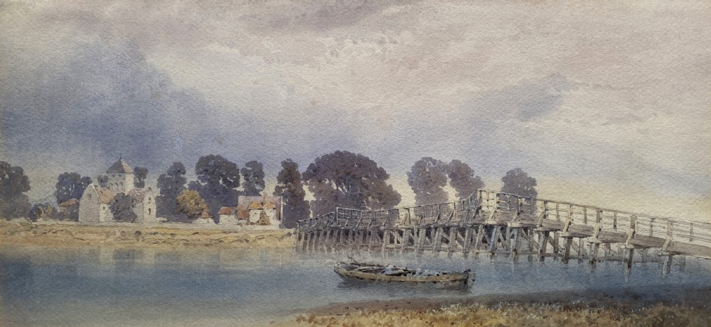 A framed watercolour painting depicting a wooden toll bridge across a river with a small boat and church in the background, set in a gilded frame. View II