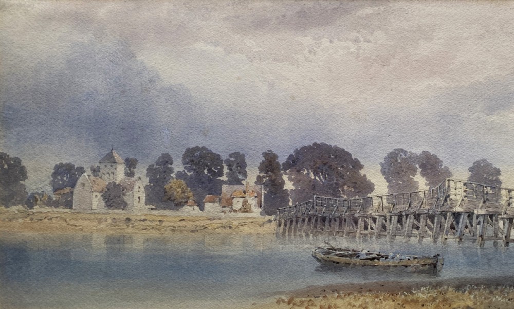 A framed watercolour painting depicting a wooden toll bridge across a river with a small boat and church in the background, set in a gilded frame. View III