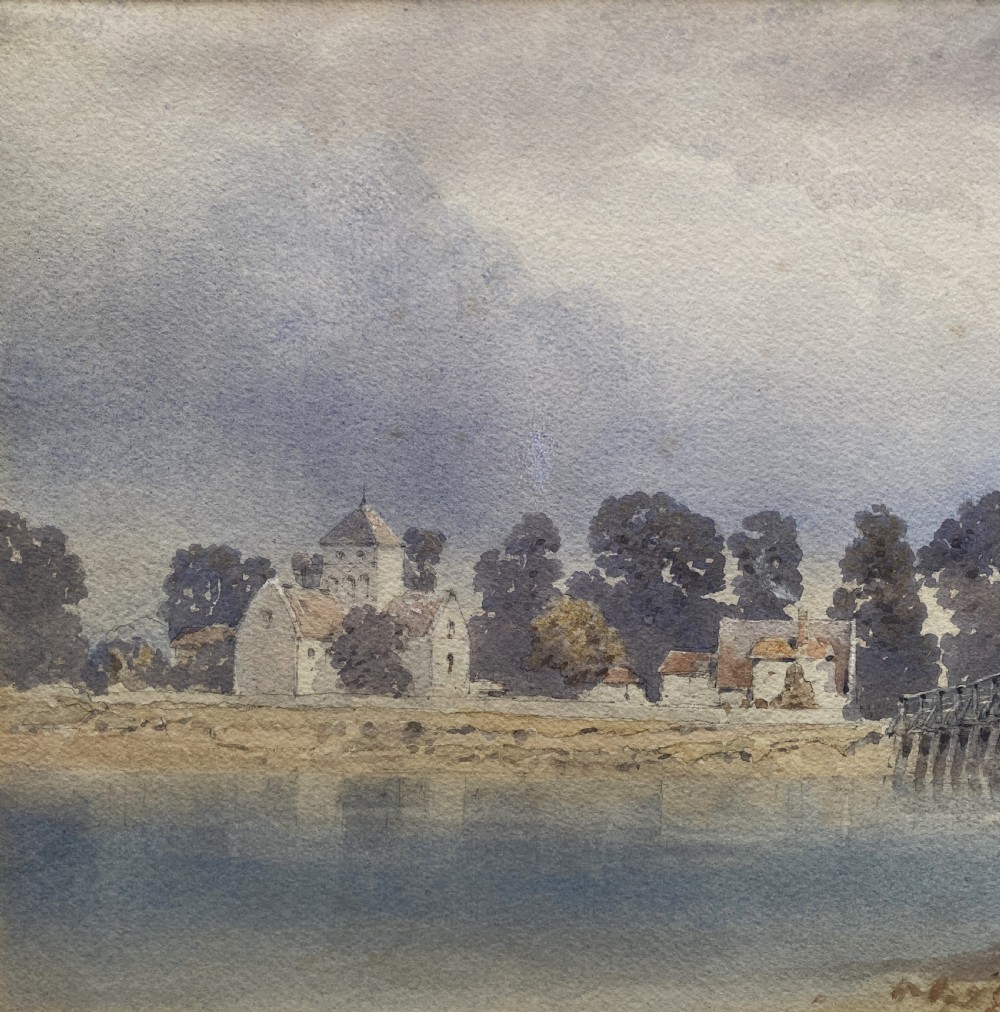 A framed watercolour painting depicting a wooden toll bridge across a river with a small boat and church in the background, set in a gilded frame. View VI