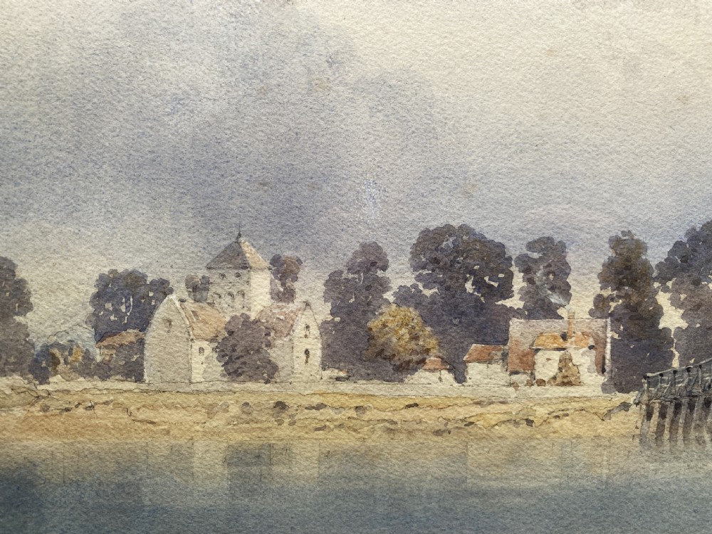 A framed watercolour painting depicting a wooden toll bridge across a river with a small boat and church in the background, set in a gilded frame. View IX