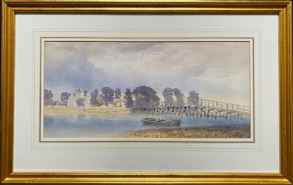 A framed watercolour painting depicting a wooden toll bridge across a river with a small boat and church in the background, set in a gilded frame. View XII