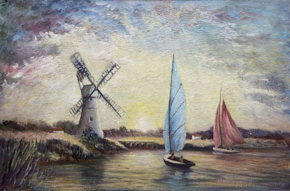 A framed post-war impressionist oil painting depicting sailboats navigating a river past a traditional windmill against a cloud-filled sky. View II