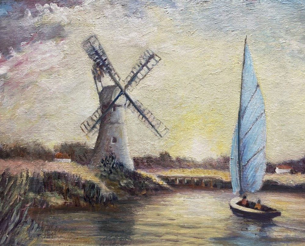 A framed post-war impressionist oil painting depicting sailboats navigating a river past a traditional windmill against a cloud-filled sky. View III