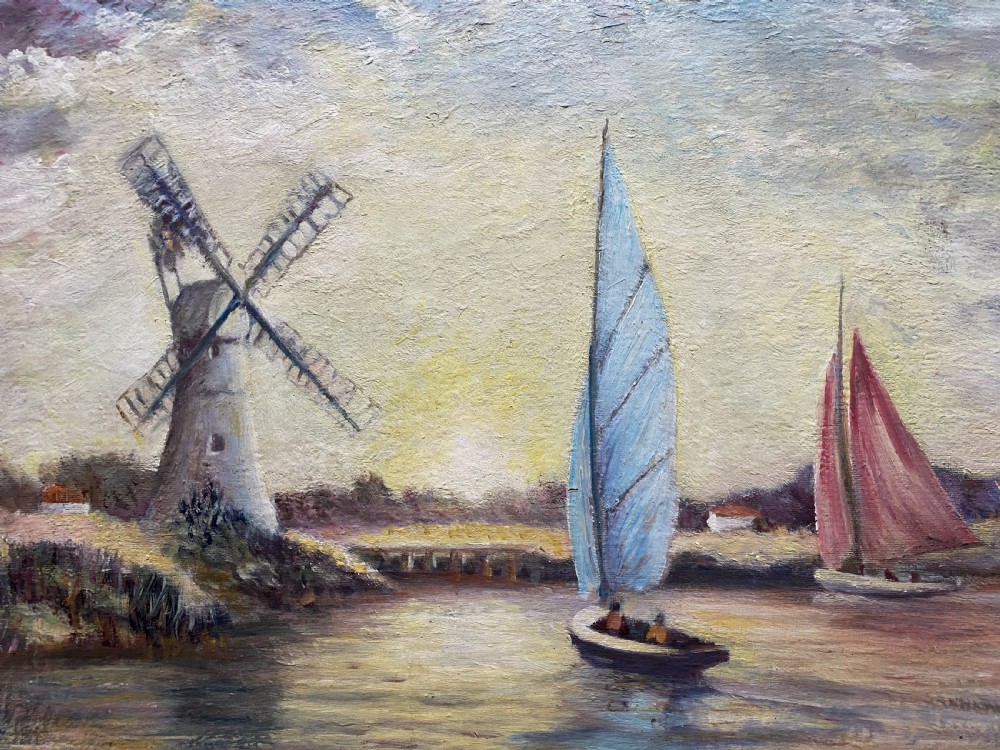 A framed post-war impressionist oil painting depicting sailboats navigating a river past a traditional windmill against a cloud-filled sky. View IV