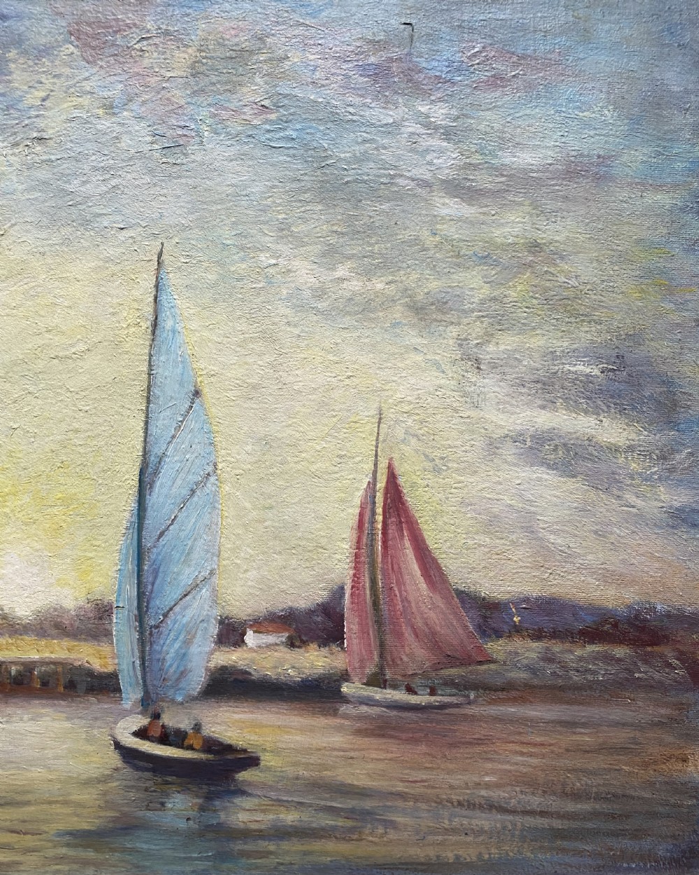 A framed post-war impressionist oil painting depicting sailboats navigating a river past a traditional windmill against a cloud-filled sky. View V