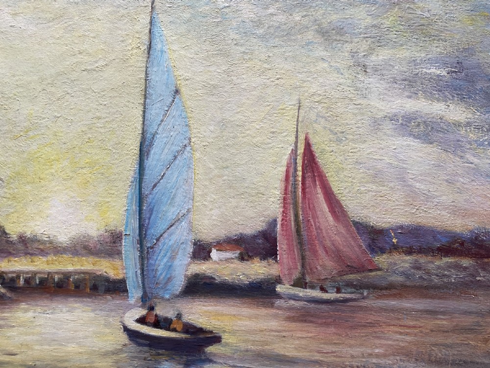 A framed post-war impressionist oil painting depicting sailboats navigating a river past a traditional windmill against a cloud-filled sky. View VIII
