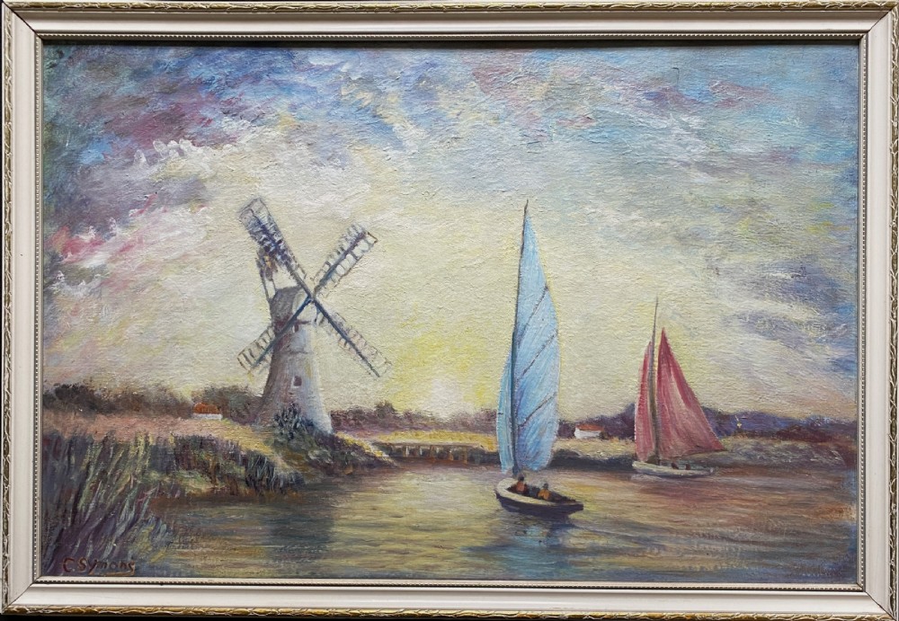 A framed post-war impressionist oil painting depicting sailboats navigating a river past a traditional windmill against a cloud-filled sky. View XII