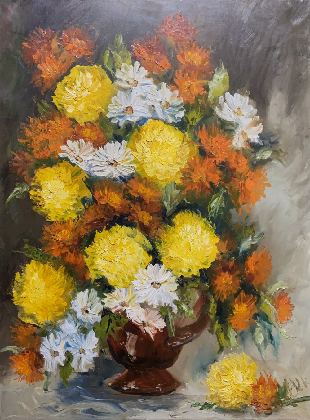 An oil painting on canvas depicting a bouquet of yellow, orange, and white flowers arranged in a brown glazed ceramic jug against a muted background.