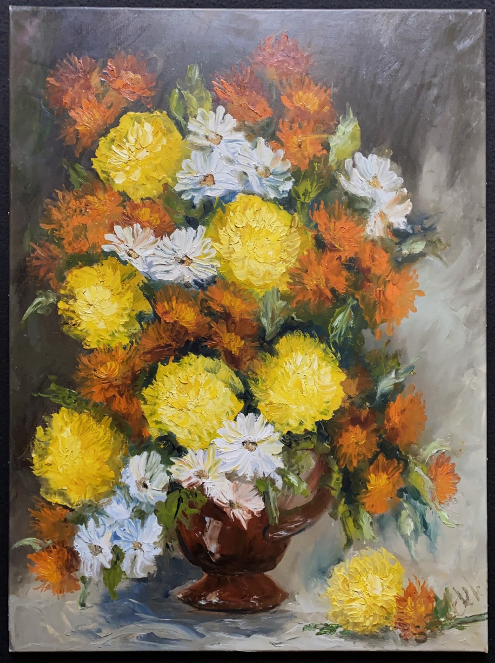 An oil painting on canvas depicting a bouquet of yellow, orange, and white flowers arranged in a brown glazed ceramic jug against a muted background. View II