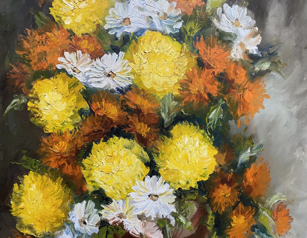 An oil painting on canvas depicting a bouquet of yellow, orange, and white flowers arranged in a brown glazed ceramic jug against a muted background. View VI