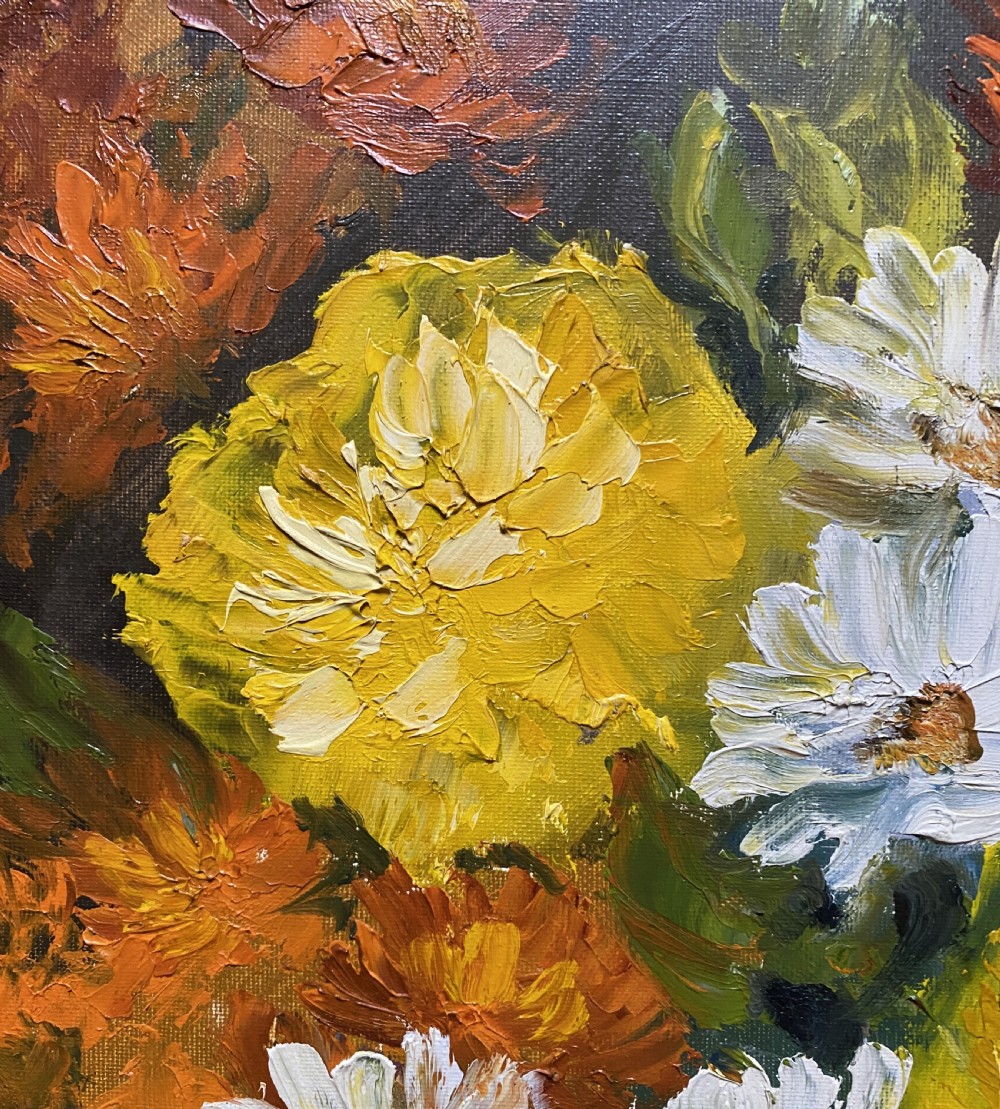 An oil painting on canvas depicting a bouquet of yellow, orange, and white flowers arranged in a brown glazed ceramic jug against a muted background. View X