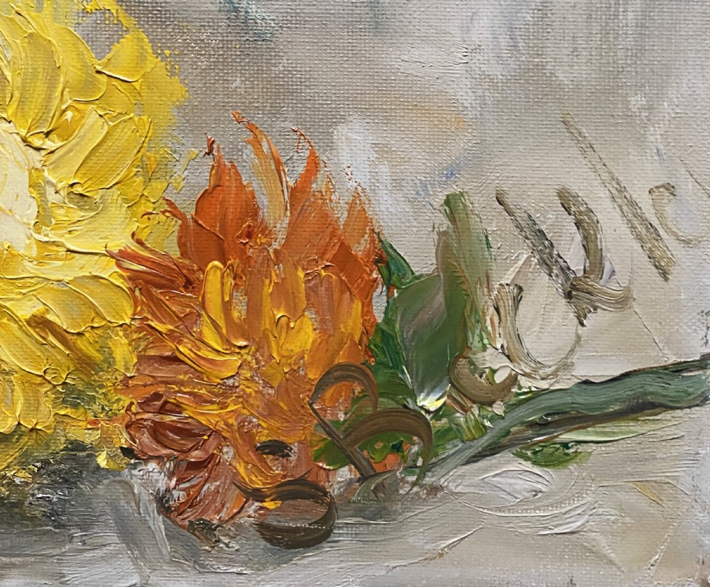 An oil painting on canvas depicting a bouquet of yellow, orange, and white flowers arranged in a brown glazed ceramic jug against a muted background. View XI