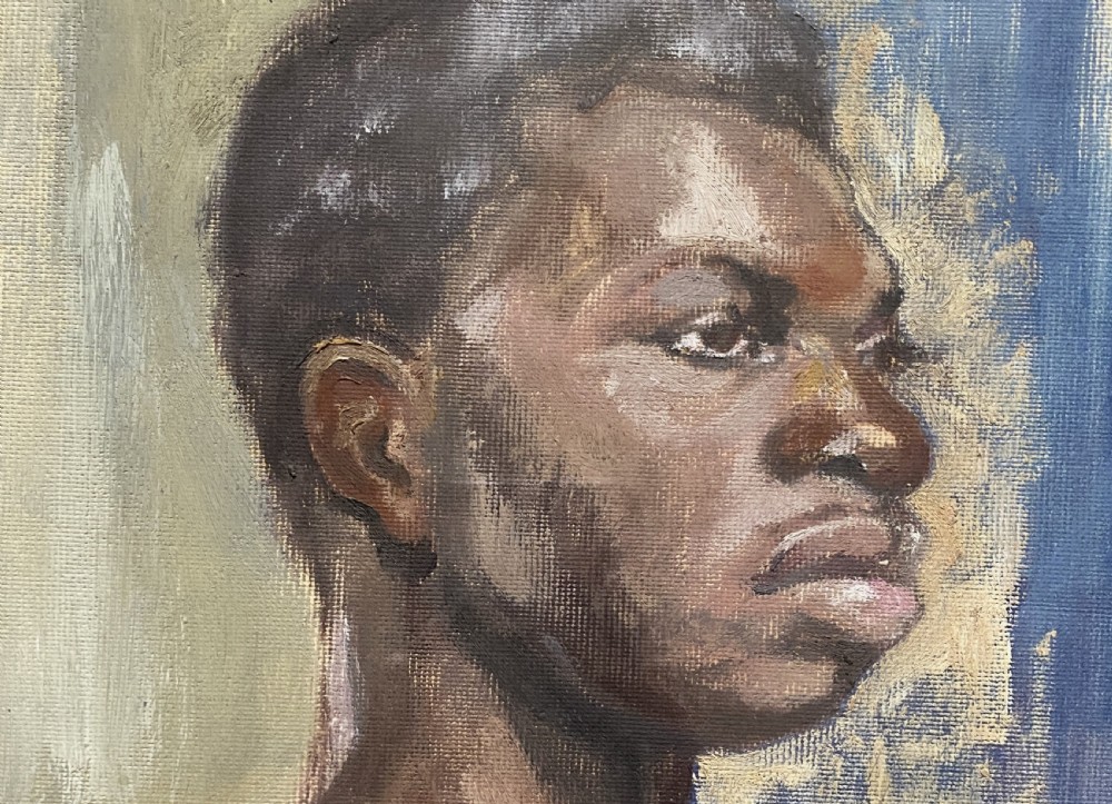 A framed mid-century oil painting on canvas depicting a head and shoulders study of a young male model set against a blue and grey backdrop. View V