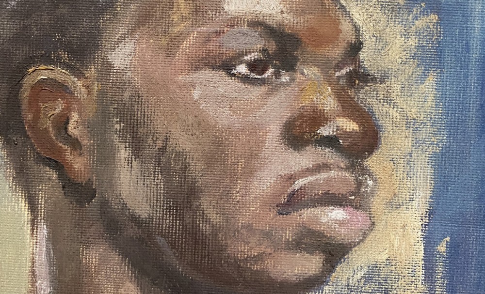 A framed mid-century oil painting on canvas depicting a head and shoulders study of a young male model set against a blue and grey backdrop. View VII