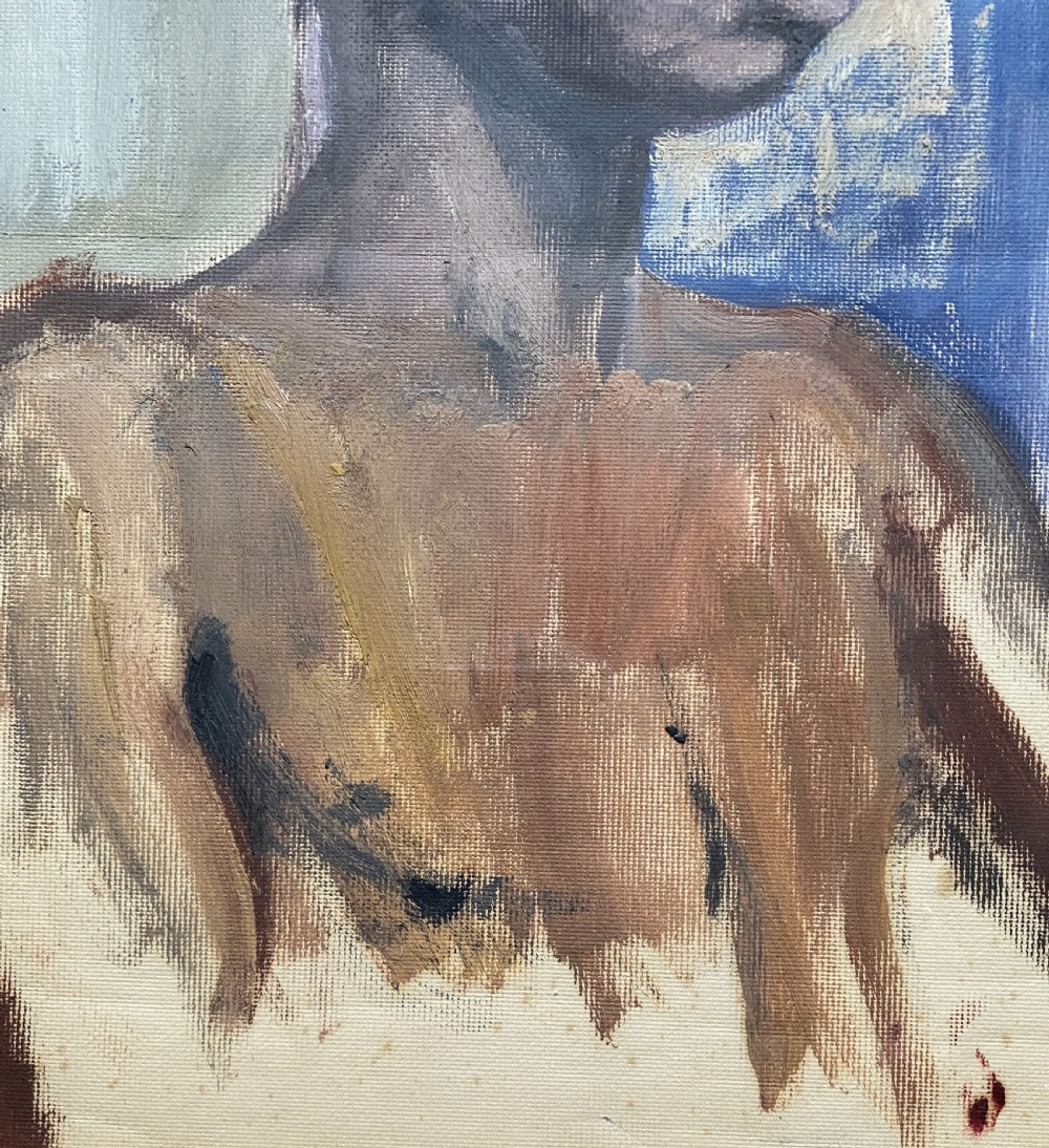 A framed mid-century oil painting on canvas depicting a head and shoulders study of a young male model set against a blue and grey backdrop. View VIII