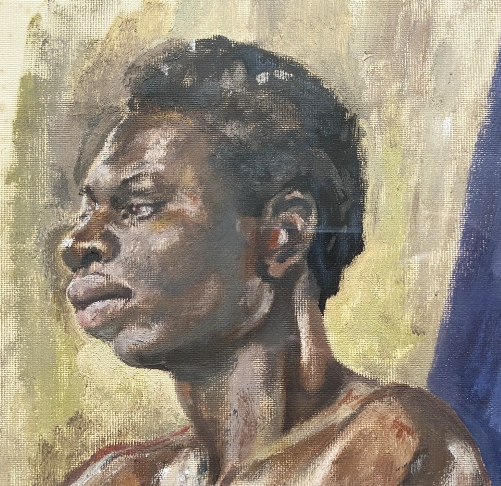 A post-war oil portrait painting depicting a male figure in profile, framed within a terracotta-coloured mount and a slim gilt frame. View IV