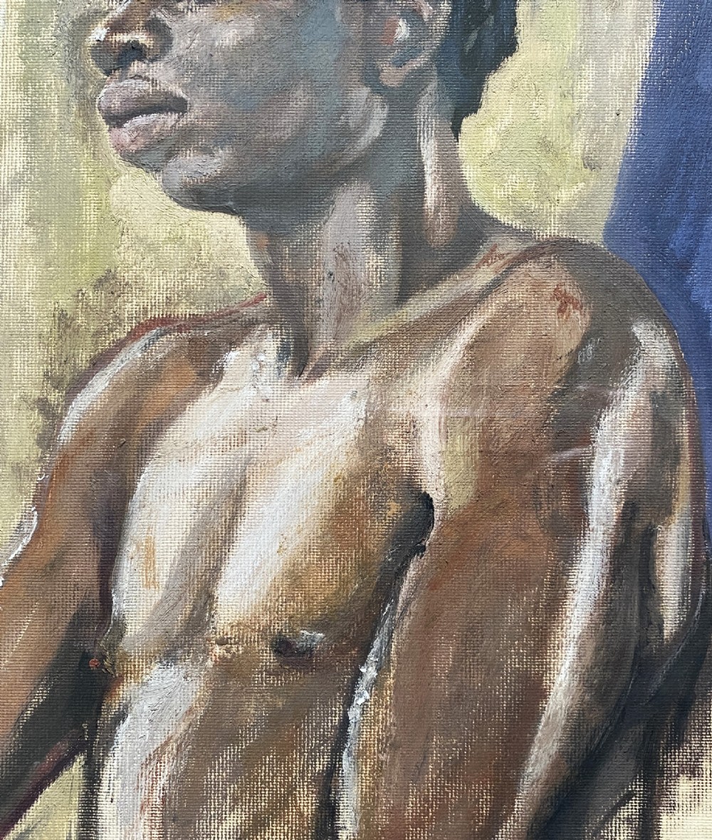 A post-war oil portrait painting depicting a male figure in profile, framed within a terracotta-coloured mount and a slim gilt frame. View VII