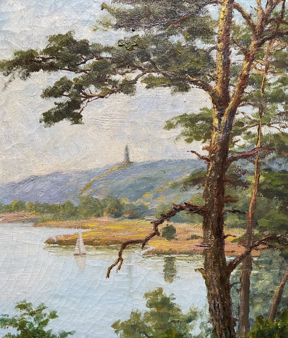 A signed 20th-century oil painting depicting a calm lake with sailboats framed by birch and pine trees in a silvered wooden frame. View VIII