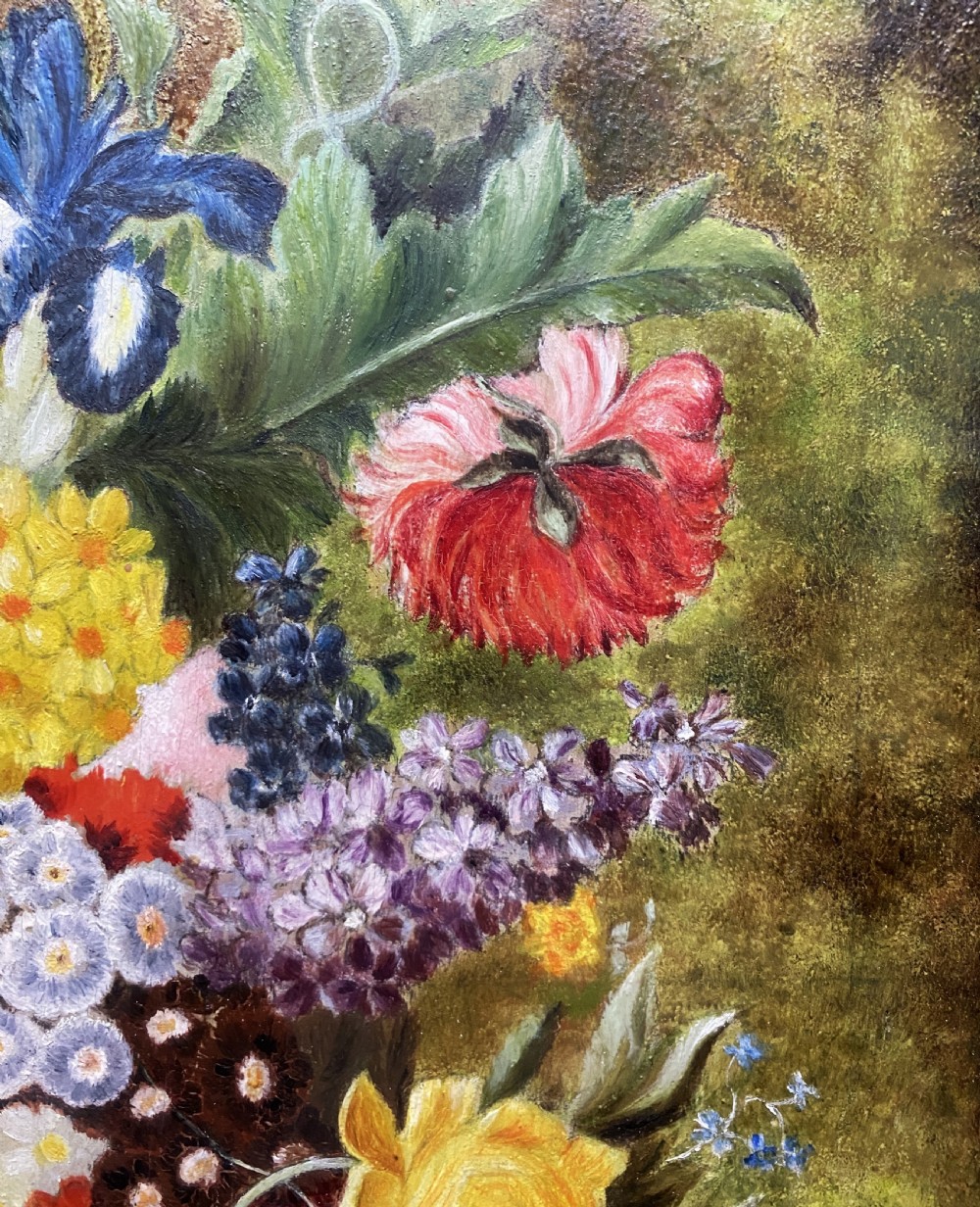 A framed oil painting featuring a floral bouquet in an urn set upon a ledge next to a bird nest. View VIII
