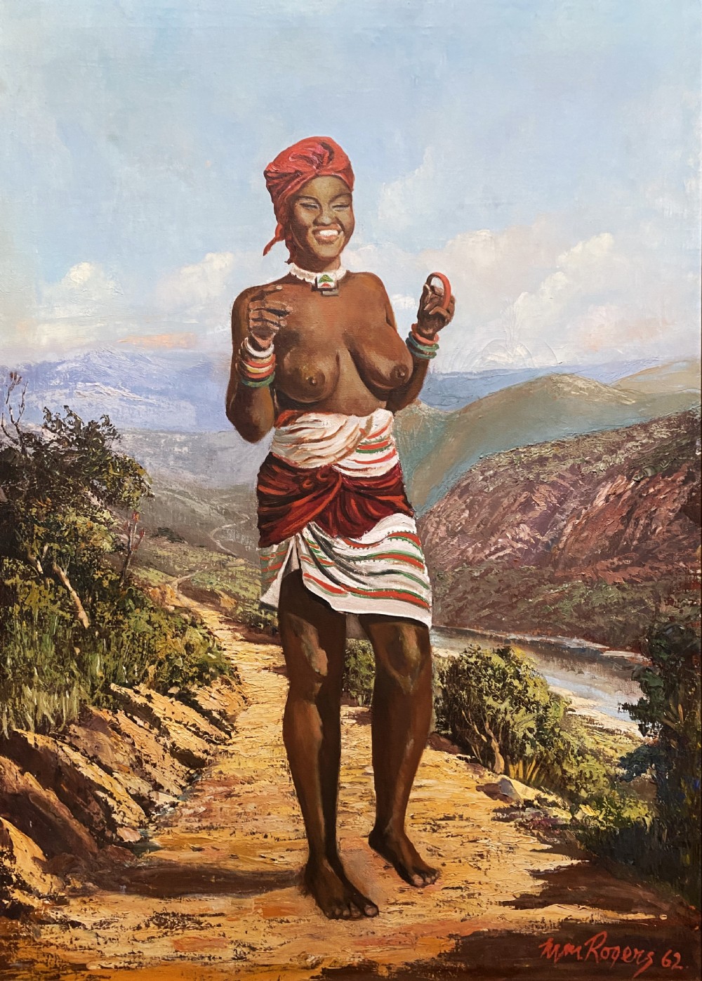 A mid-century impressionist oil painting depicting a smiling figure in traditional attire standing on a sunlit mountain path within a gold-painted frame. View II