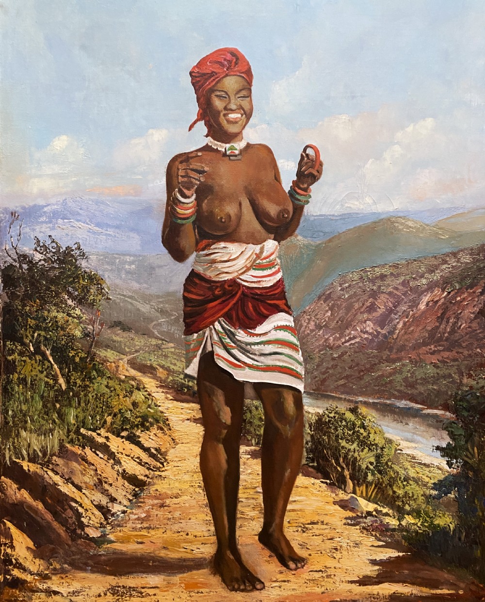 A mid-century impressionist oil painting depicting a smiling figure in traditional attire standing on a sunlit mountain path within a gold-painted frame. View IV