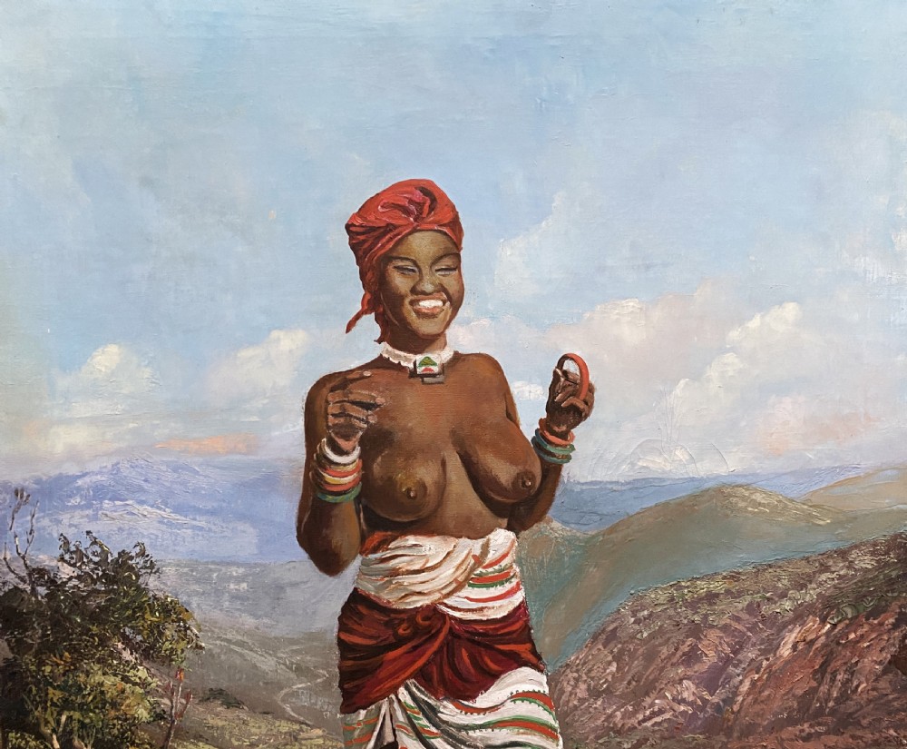 A mid-century impressionist oil painting depicting a smiling figure in traditional attire standing on a sunlit mountain path within a gold-painted frame. View VI