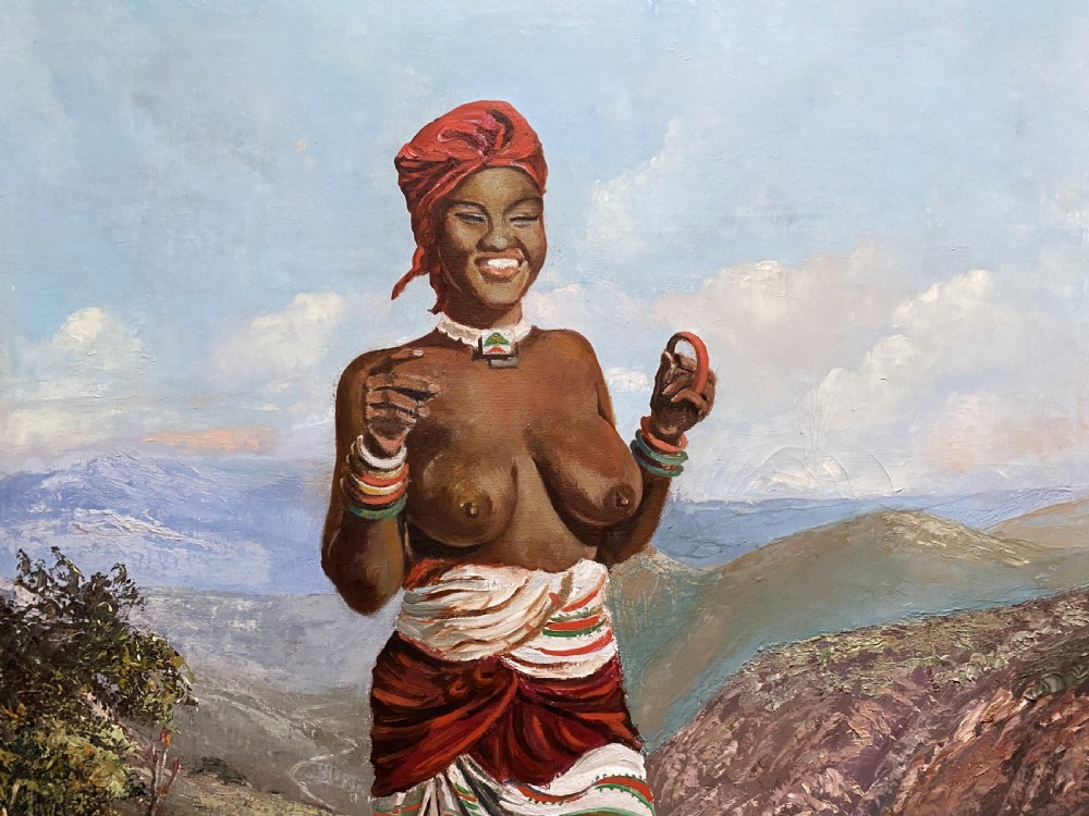 A mid-century impressionist oil painting depicting a smiling figure in traditional attire standing on a sunlit mountain path within a gold-painted frame. View VII
