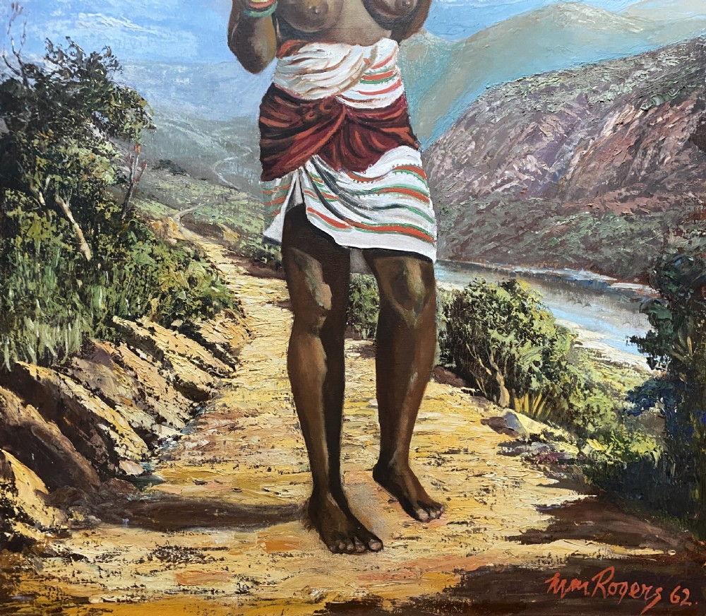 A mid-century impressionist oil painting depicting a smiling figure in traditional attire standing on a sunlit mountain path within a gold-painted frame. View VIII