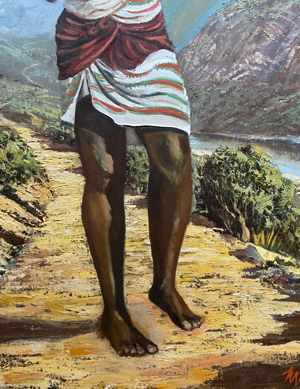 A mid-century impressionist oil painting depicting a smiling figure in traditional attire standing on a sunlit mountain path within a gold-painted frame. View IX