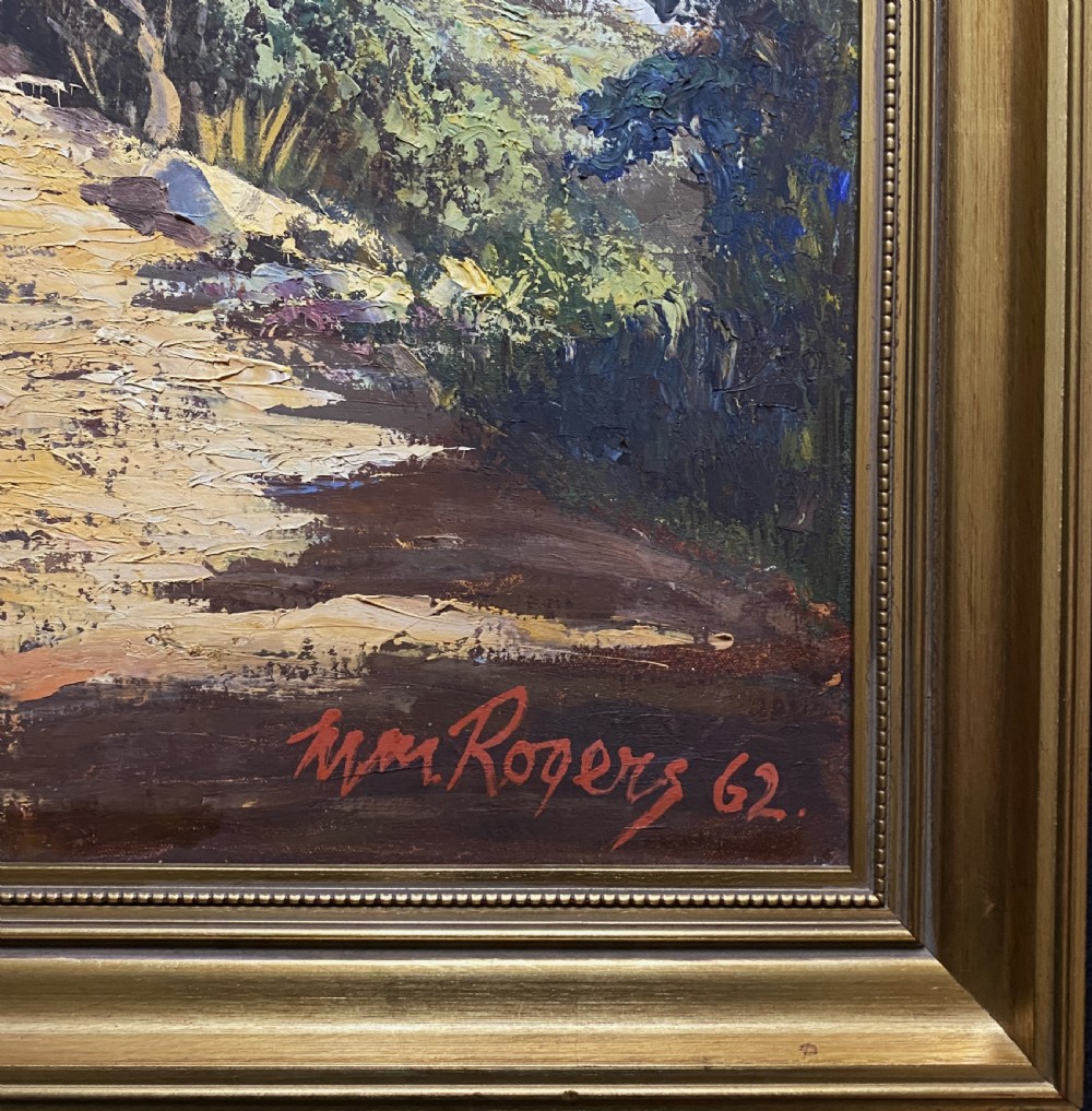 A mid-century impressionist oil painting depicting a smiling figure in traditional attire standing on a sunlit mountain path within a gold-painted frame. View X