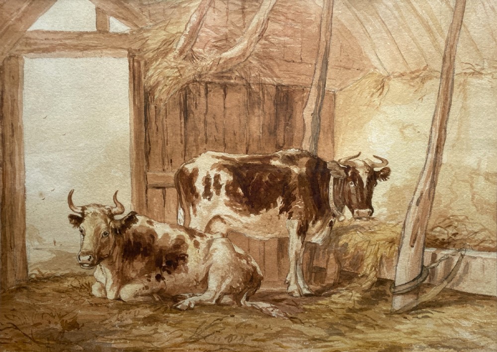 A sepia watercolour painting depicting two cows inside a timber barn, housed within a layered card mount and a burr wood frame. View II