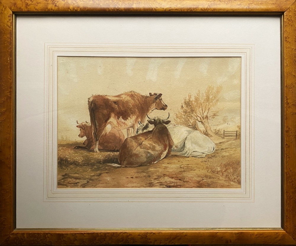 Beautiful Early 20th-Century Burr Framed Watercolour Painting of Cattle (2 of 2)