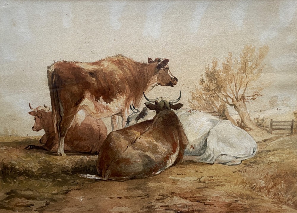 Beautiful Early 20th-Century Burr Framed Watercolour Painting of Cattle (2 of 2) View II