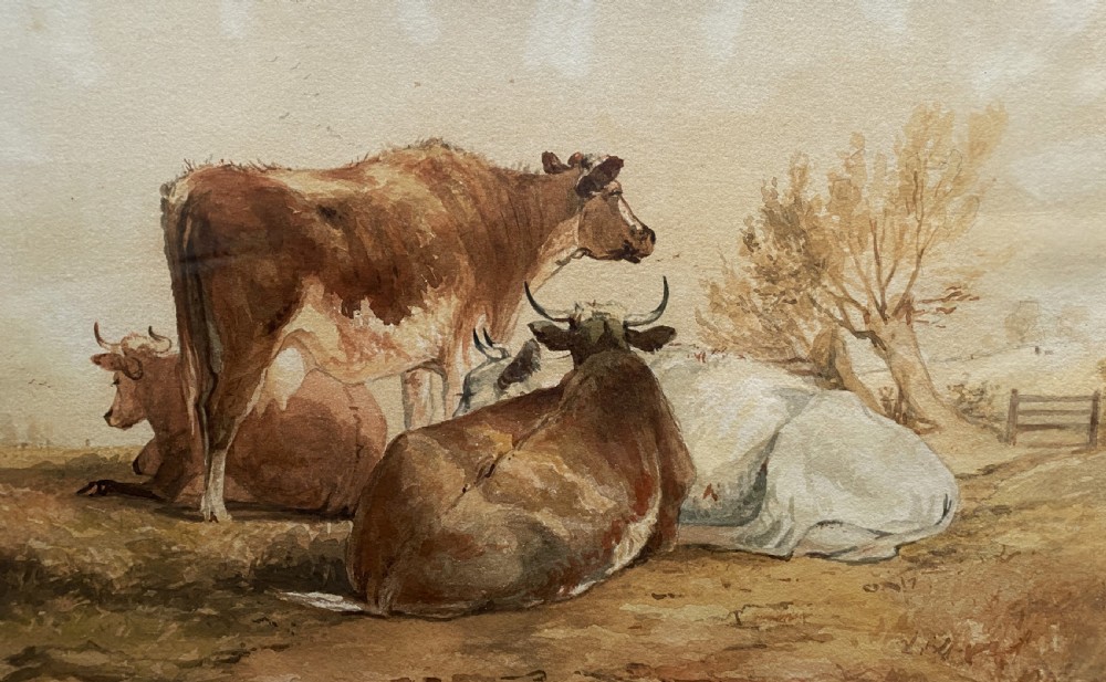 Beautiful Early 20th-Century Burr Framed Watercolour Painting of Cattle (2 of 2) View III