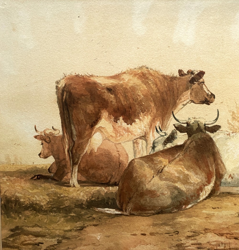 Beautiful Early 20th-Century Burr Framed Watercolour Painting of Cattle (2 of 2) View IV
