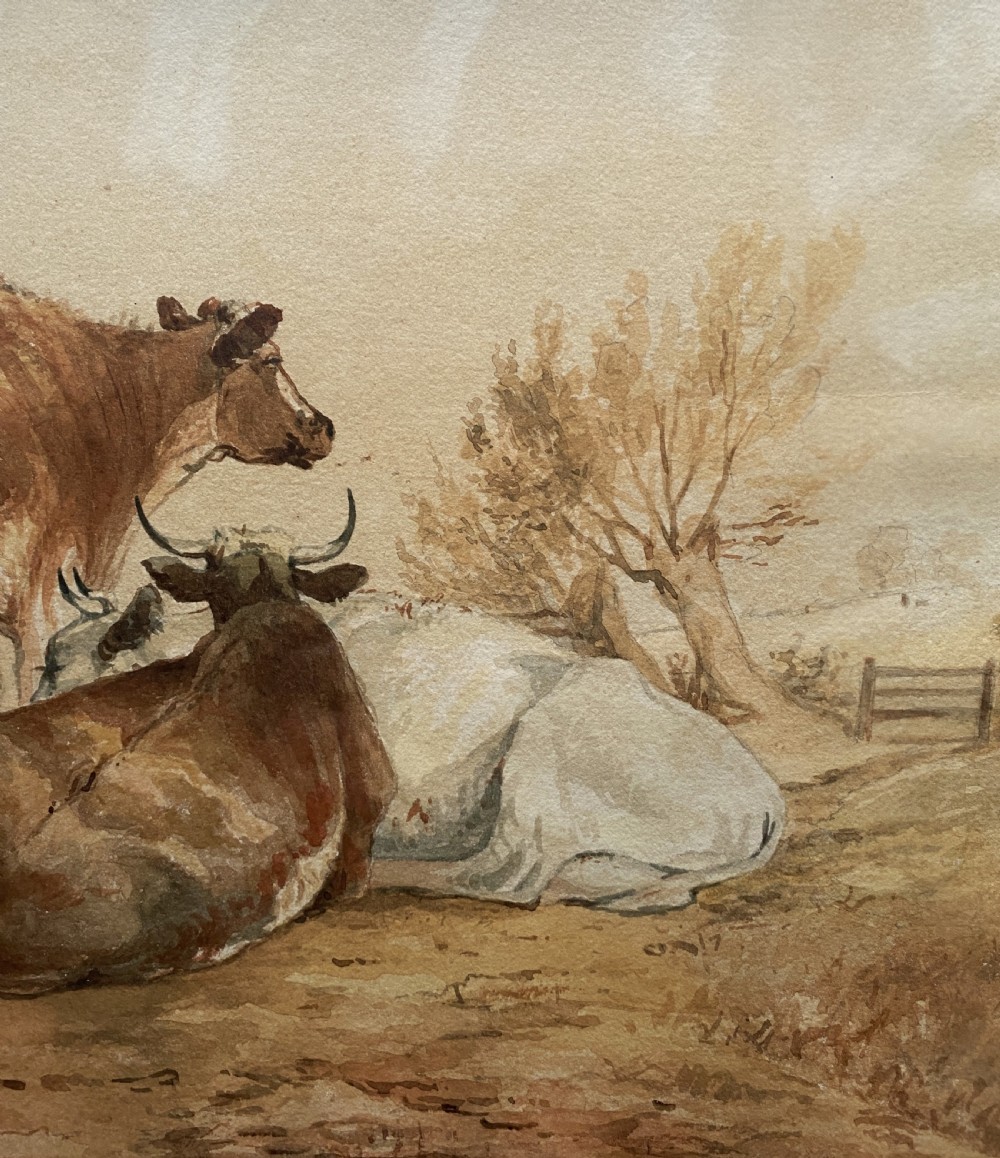 Beautiful Early 20th-Century Burr Framed Watercolour Painting of Cattle (2 of 2) View V