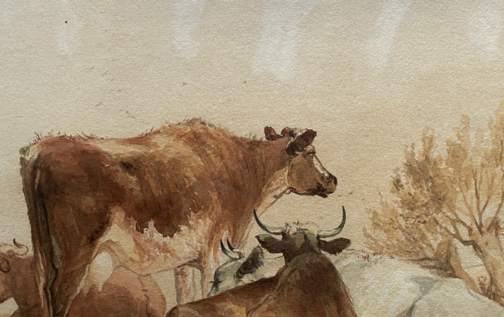 Beautiful Early 20th-Century Burr Framed Watercolour Painting of Cattle (2 of 2) View VI