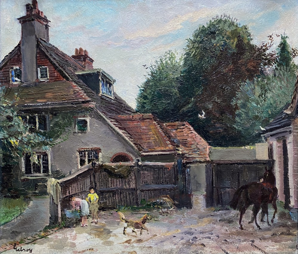 An early twentieth-century oil painting depicting a country house courtyard with figures, a dog, and a horse, set within an ornate gilt swept frame. View II