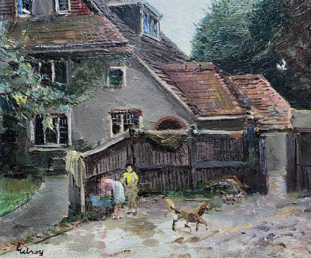An early twentieth-century oil painting depicting a country house courtyard with figures, a dog, and a horse, set within an ornate gilt swept frame. View III
