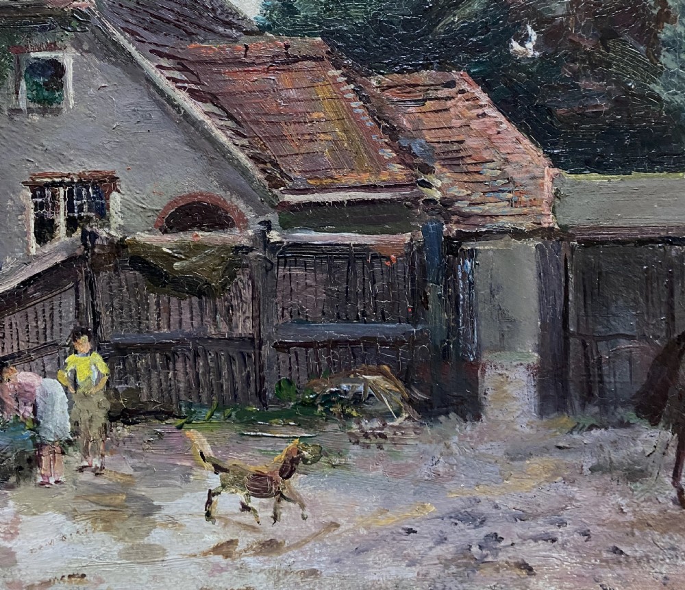 An early twentieth-century oil painting depicting a country house courtyard with figures, a dog, and a horse, set within an ornate gilt swept frame. View V