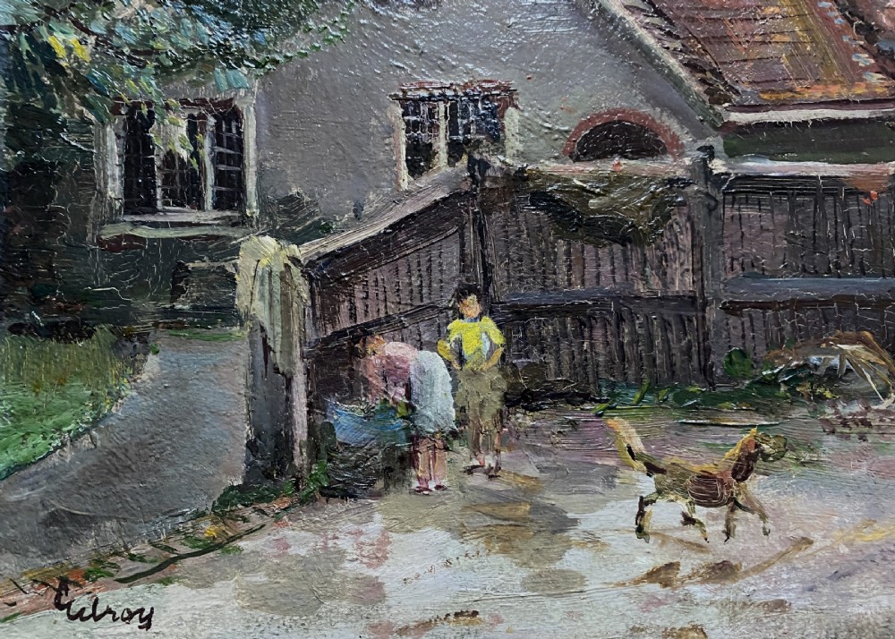 An early twentieth-century oil painting depicting a country house courtyard with figures, a dog, and a horse, set within an ornate gilt swept frame. View IX